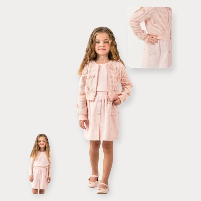 Moon Star Çiçek İşlemeli Triko Hırkalı Üçlü Kız Takım 5-8 Y.