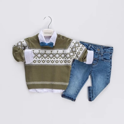 İstasyon Baklava Desenli Triko Kazaklı Üçlü Erkek Takım 6-18 Ay