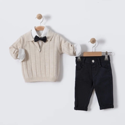 İstasyon Papyonlu Triko Kazaklı Üçlü Erkek Takım 6-18 Ay