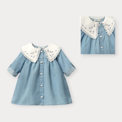 İstasyon Çiçek Nakışlı Yakalı Kot Elbise 9-24 Ay