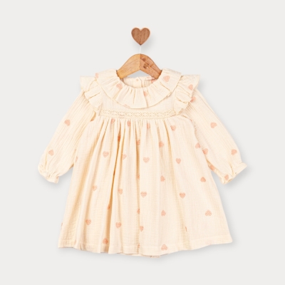 Baby Rose Kalp Nakışlı Müslin Bebe Elbise 6-18 Ay
