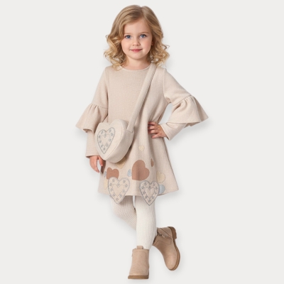 İstasyon Kalpli Çantalı Kalp Nakışlı Elbise 2-5 Y.