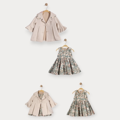 İstasyon Yakası Çiçek Nakışlı Montlu İkili Kız Takım 9-24 Ay