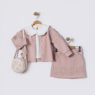 İstasyon Çiçek Aplikeli Çantalı Hırkalı Üçlü Kız Takım 2-5 Y.