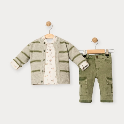 İstasyon Çizgili Triko Hırkalı Üçlü Erkek Takım 9-24 Ay