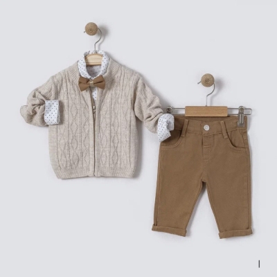 İstasyon Baklava Desenli Triko Hırkalı Üçlü Erkek Takım 6-18 Ay