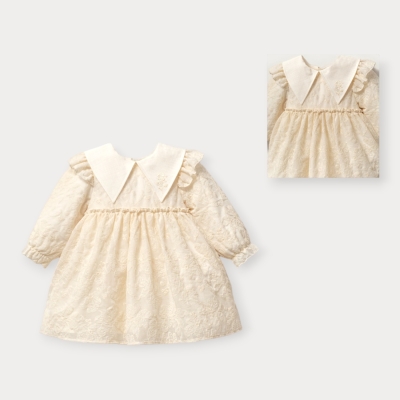 İstasyon Çiçek Nakışlı Yakalı Omuzu Fırfırlı Elbise 9-24 Ay