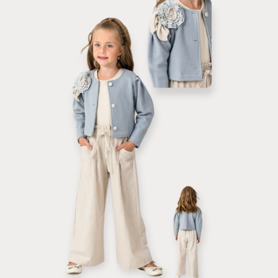 Moon Star Büyük Güllü Pantolonlu Üçlü Kız Takım 5-8 Y.