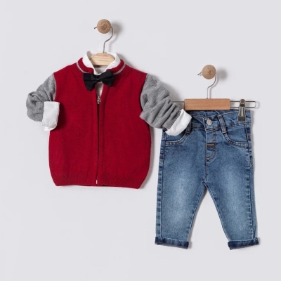 İstasyon Papyonlu Triko Hırkalı Üçlü Erkek Takım 6-18 Ay