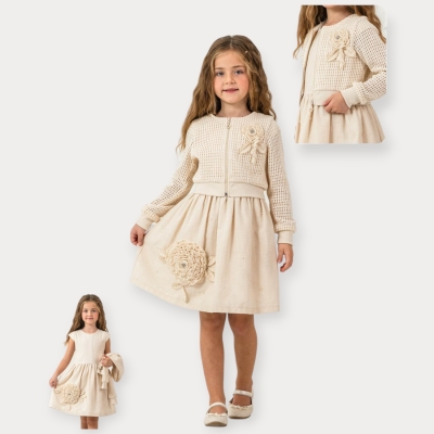 Moon Star Triko Çiçekli Triko Hırkalı Keten Elbise 6-9 Y.