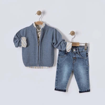 İstasyon Çizgi Desenli Triko Hırkalı Üçlü Erkek Takım 6-18 Ay