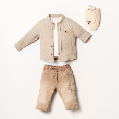 İstasyon Fularlı Motorbıke Nakışlı Müslin Gömlekli Üçlü Erkek Takım 9-24 Ay