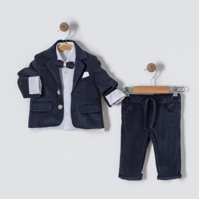 İstasyon Papyonlu Kadife Üçlü Erkek Takım 6-18 Ay