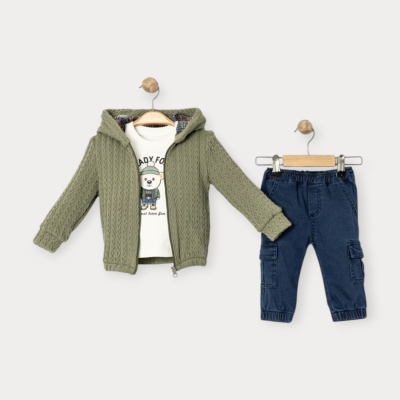 İstasyon Saç Örgülü Triko Hırkalı Üçlü Erkek Takım 9-24 Ay