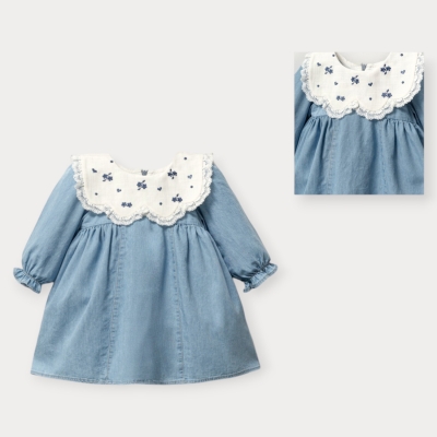 İstasyon Yakası Çiçek Nakışlı Uzun Kollu Kot Elbise 9-24 Ay