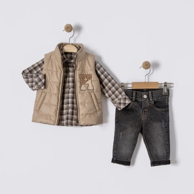 İstasyon H Nakışlı Mikro Yelekli Üçlü Erkek Takım 6-18 Ay