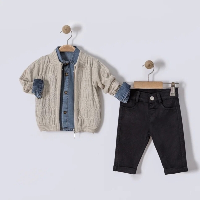 İstasyon Örgü Desenli Triko Hırkalı Üçlü Erkek Takım 6-18 Ay