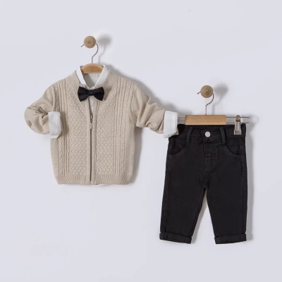 İstasyon Papyonlu Triko Hırkalı Üçlü Erkek Takım 6-18 Ay