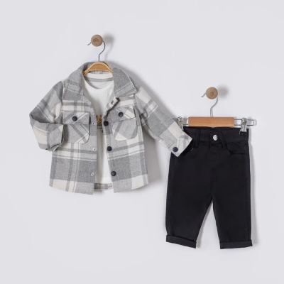 İstasyon Ekose Kaşe Ceketli Üçlü Erkek Takım 6-18 Ay