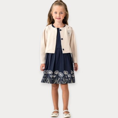 Moon Star Örme Hırkalı Pullu Çiçek Nakışlı Elbise Takım 3-6 Y.