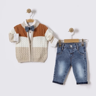 İstasyon Papyonlu Triko Hırkalı Üçlü Erkek Takım 6-18 Ay