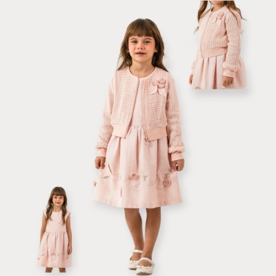 Moon Star Triko Çiçek İşlemeli Triko Hırkalı Elbise 1-4 Y.