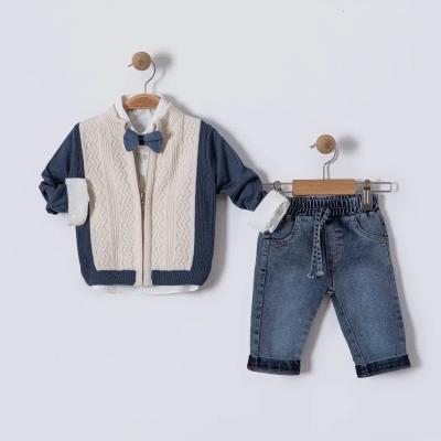 İstasyon Papyonlu Triko Hırkalı Üçlü Erkek Takım 6-18 Ay