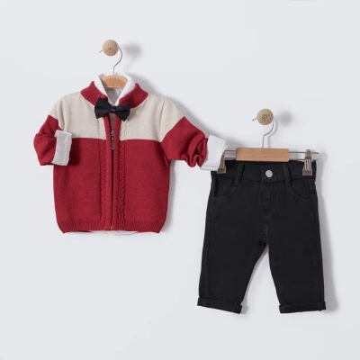 İstasyon Papyonlu Triko Hırkalı Üçlü Erkek Takım 6-18 Ay