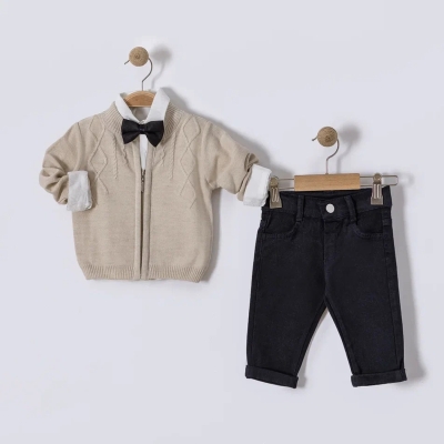 İstasyon Papyonlu, Baklava Desenli Triko Hırkalı Üçlü Erkek Takım 6-18 Ay